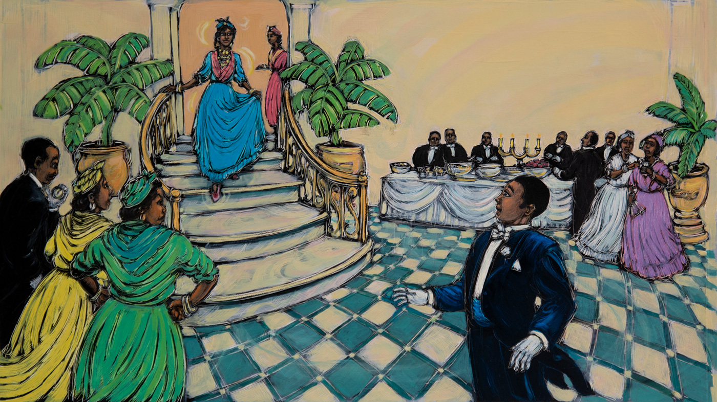 Brian Pinkney (b. 1961), What a grand entrance Cendrillon made!, 1998, oil on scratchboard. Collection of the artist