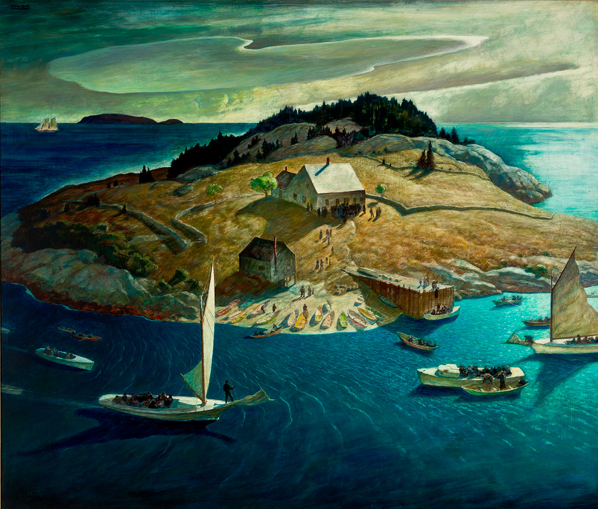 N. C. Wyeth (1882-1945), Island Funeral, 1939, egg tempera and oil on hardboard, 44 1/2 x 52 3/8 in. Brandywine River Museum of Art, Gift of E. I. du Pont de Nemours and Company in honor of the 50th Anniversary of the Brandywine Conservancy & Museum of A