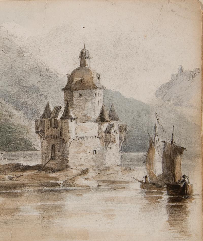 F.O.C. Darley (1822-1888). Pfalz Castle, on the Rhine (detail), 1866