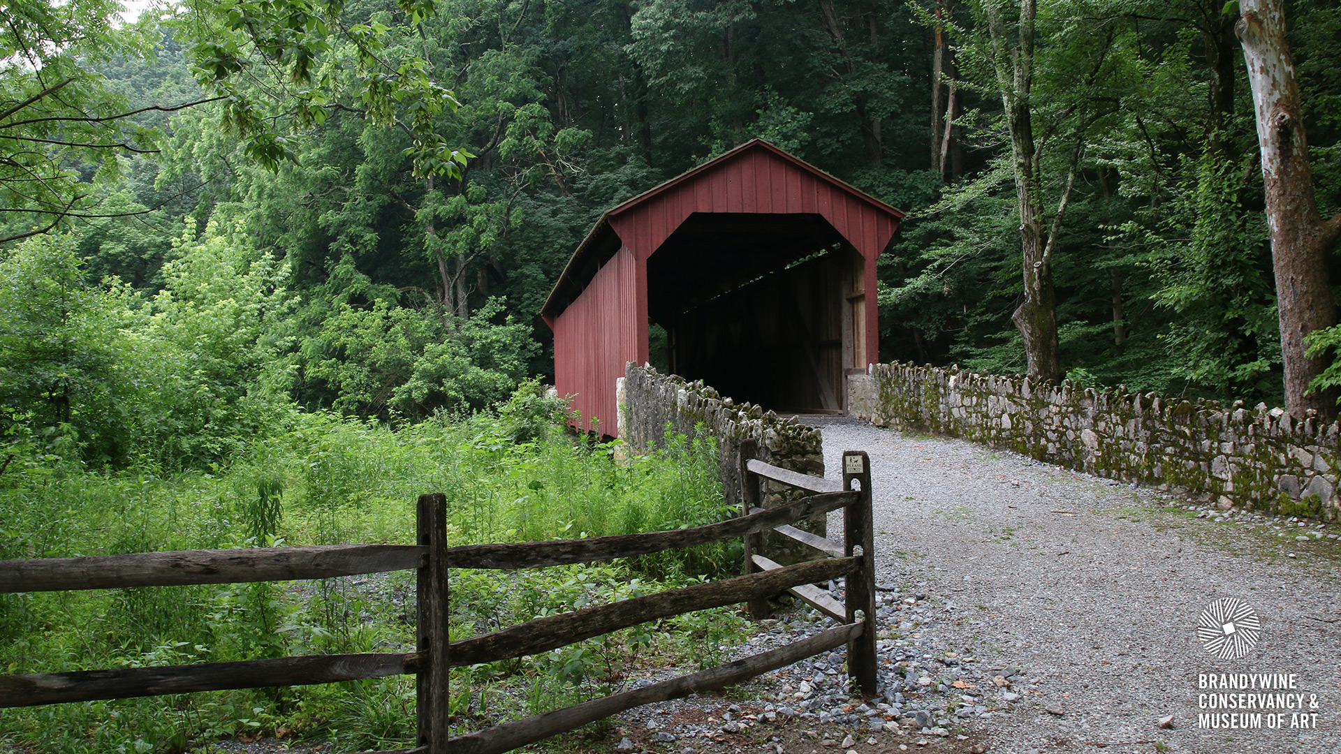 Red covered bridge and hiking trails