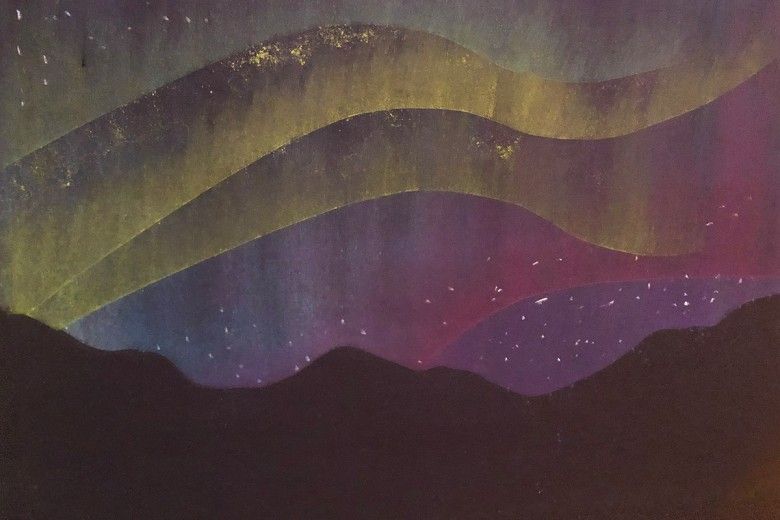 A nighttime scene of the northern lights created with colorful chalk pastels