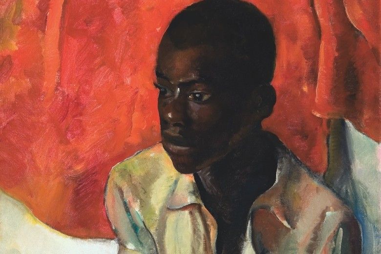 Painting of a boy sitting in front of a bright reddish orange backdrop.
