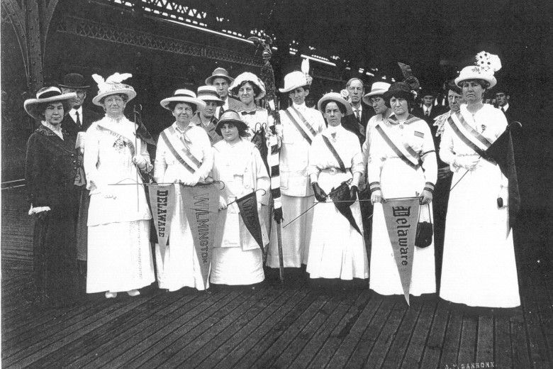Women at the Wilmington train station departing for a suffrage demonstration in Washington, D.C., May 2, 1914. From the collection of Paul Preston Davis