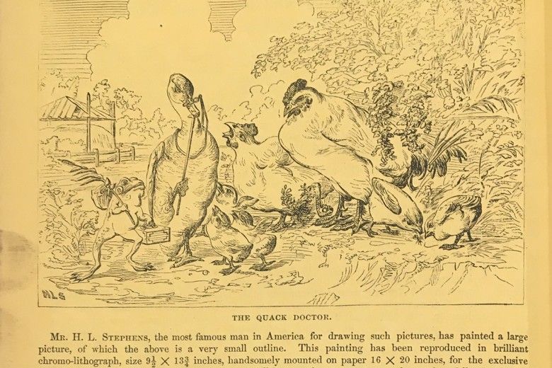 Stephens’ illustration, “The Quack Doctor,” in The Riverside Magazine (October 1868)