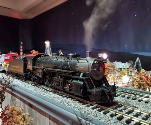 Close up of steam engine model train, part of the Brandywine Railroad holiday train display
