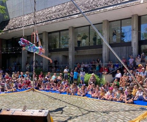 A circus performing outside in the Museum courtyard surrounded by an audience.
