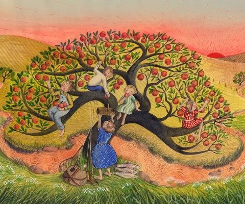 Sophie Blackall, illustration for Farmhouse, 2022, collage and mixed media, 10 x20 inches, lent by the artist.