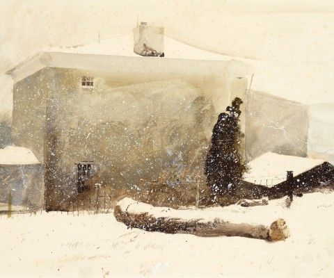 Andrew Wyeth, First Snow, Study for Groundhog Day, 1959. Drybrush watercolor on paper, 13 3/8 x 21 1/8 in. Collection of the Delaware Art Museum, Gift of Mr. and Mrs. William E. Phelps, 1964. 1964-12. © 2024 Wyeth Foundation for American Art/ Artists Rights Society (ARS), New York