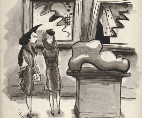 Barbara Shermund, "Of course it's a woman—they don't do landscapes in marble." The New Yorker. October 28, 1939. Ink on paper, 20 ¾ x 19 ¾ in. International Museum of Cartoon Art Collection and Records, The Ohio State University Billy Ireland Cartoon Library & Museum.