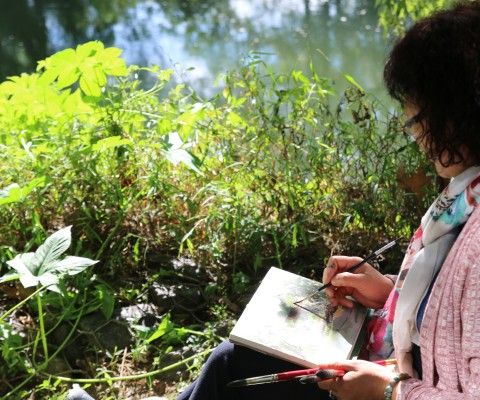Person sitting in nature and drawing