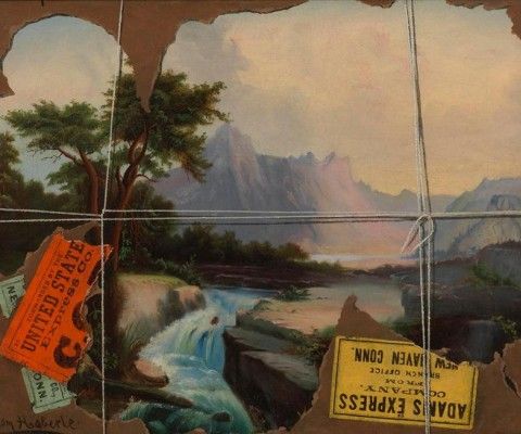 A landscape painting depicting a serene waterfall and mountains, partially obscured by torn paper edges, string, and vintage express shipping labels. The scene blends natural beauty with elements of travel and transport.