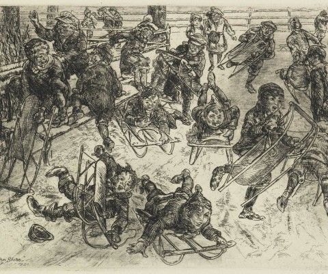 John Sloan (1871–1951), Boys Sledding, 1920, etching on paper, 9 1/2 x 12 1/2 in. Gift of Paul Preston Davis in honor of Helen Farr Sloan and in honor of the 50th anniversary of the Brandywine Conservancy & Museum of Art, 2017