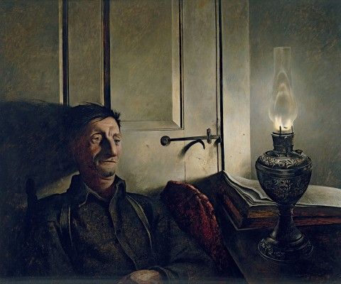 Painting of a dark lit room, with a man with brown hair and mustache staring at an oil lamp