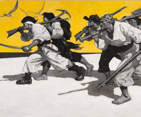 A black and white group of pirates holding weapons walk on a beach among a pure yellow sky.