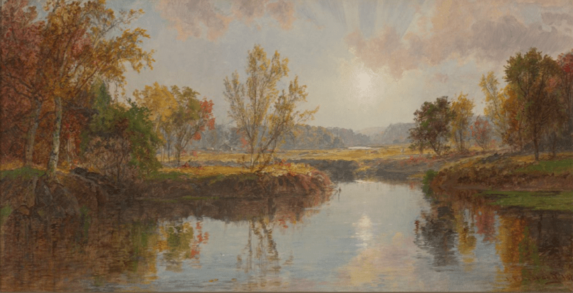 Landscape painting of colorful fall trees framed around and reflecting in a river scene