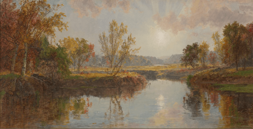Jasper Cropsey (American, 1823-1900), Autumn on the Brandywine River, 1887, oil on canvas, 10 7/8 x 20 ¾ in. Purchased with Museum funds, 1981 Landscape painting of colorful fall trees framed around and reflecting in a river scene