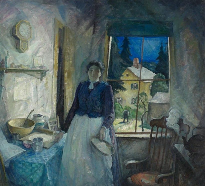Oil painting of a woman preparing food in a kitchen. A large window is behind her which through which you can see a young boy walking along a path towards a house.