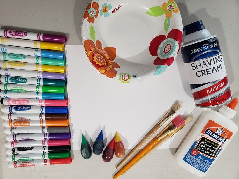 Photo of assorted markers, a white piece of paper, a disposable bowl, food coloring, a can of shaving cream, bottle of white glue, and two paint brushes.