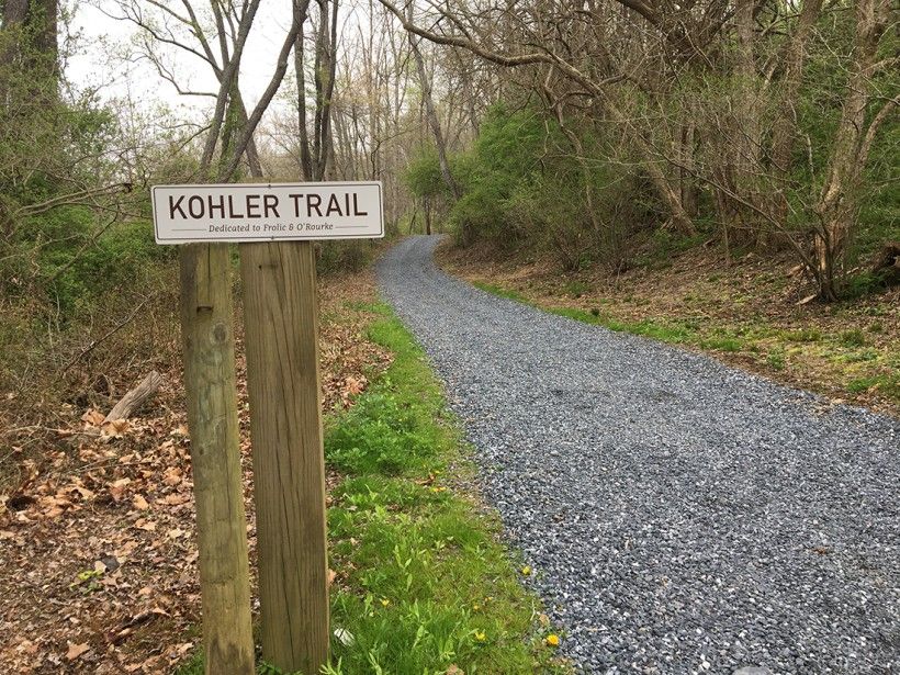 "Kohler Trail" sign on a post with view of gravel trail and trees in the background