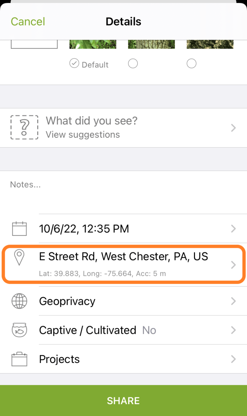 Screenshot of iNaturalist app