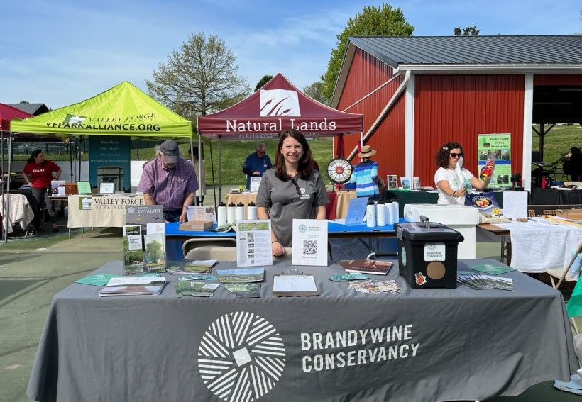 Brandywine Conservancy staff hosting an information and engagement table at the 2023 Upper Main Line YMCA Earth Day Festival.