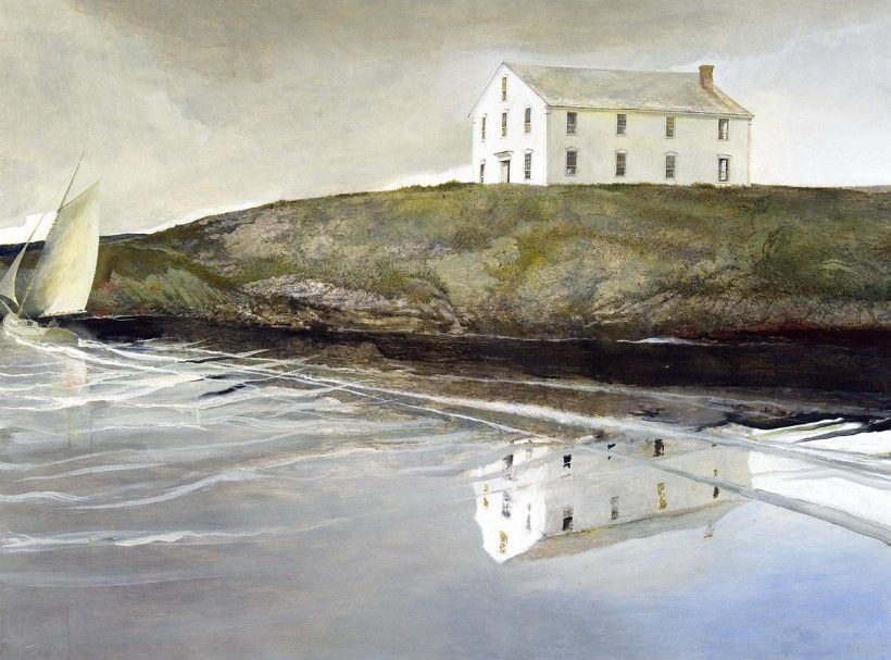 A painting of a white building on an island. In the foreground is water with the building's reflection and a sailboat off to the side.
