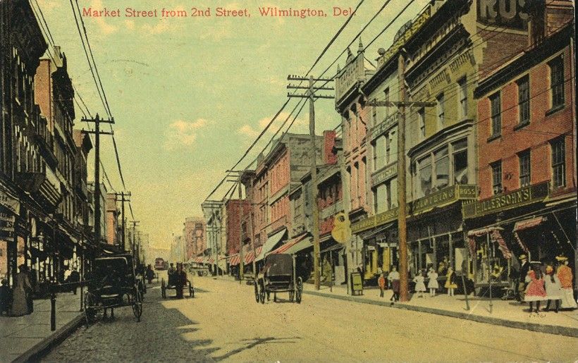 A vintage postcard showing Market Street, Wilmington, as it appeared during Katharine Pyle’s lifetime.  Postmarked 1913. From the Paul Preston Davis Collection. 
