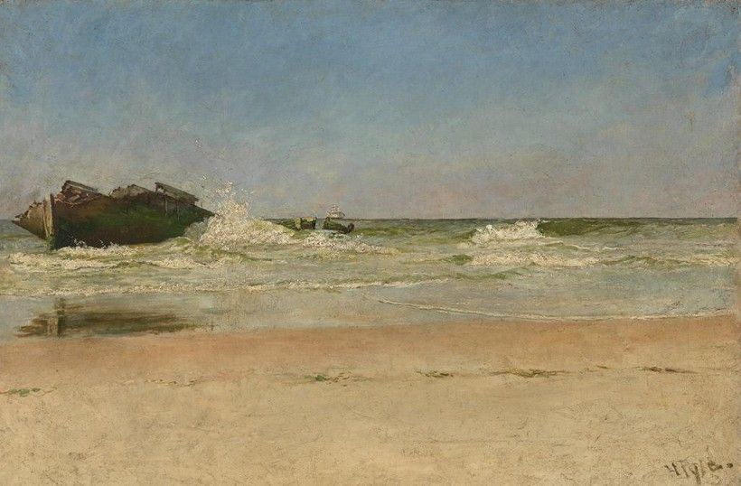 Howard Pyle (1853 – 1911), The Wreck, 1892, oil on canvas, 24 1/4 x 36 3/8 inches. Collection Brandywine Museum of Art, Gift of Mr. and Mrs. Howard P. Brokaw, 2007. According to Ian Schoenherr, in 1891 Pyle started this painting of a wreck near Cape Henlopen and finished it later in his Wilmington studio. The image was published in Pyle’s article “Among the Sand Hills” in Harper’s Monthly (September 1891). 