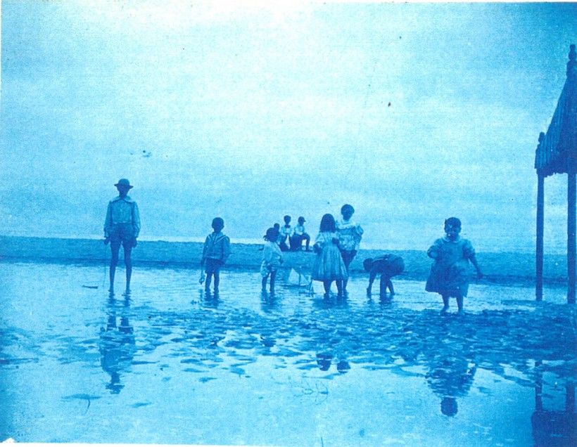 Pyle family and friends at the beach c. 1897-1898, reproduced by Paul Preston Davis from a Pyle family album. Originals in the Frank E. Schoonover Manuscript Collection at the Delaware Art Museum. 