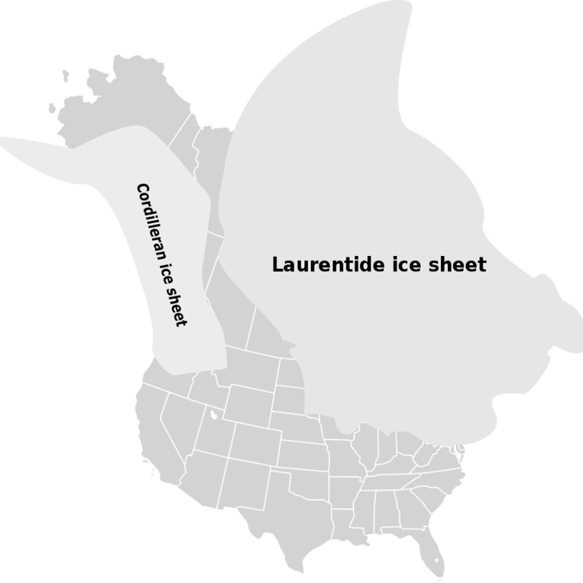 Extant of ice sheets in North America during the Pleistocene period. Lallint, CC0, via Wikimedia Commons Extant of ice sheets in North America during the Pleistocene period. Lallint, CC0, via Wikimedia Commons