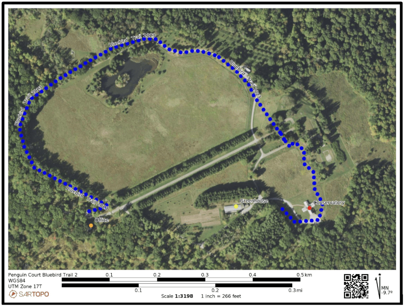 Central portion of Penguin Court showing bluebird trail and relevant structures. Map created by D. Scott Jones.