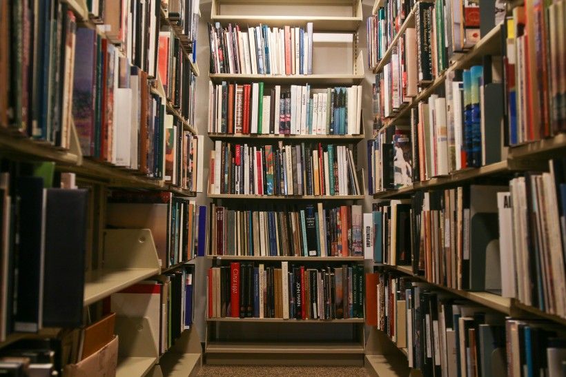 A wide shot of a hall of book in a library.