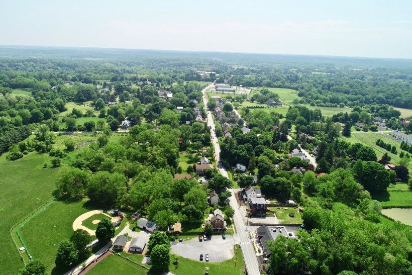 Aerial view on Unionville, PA. Photo by Above Ground Level Droneworks Aerial view of Pennsylvania town in the summer time.