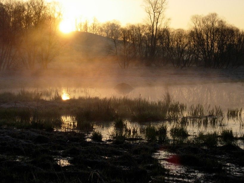 Photo credit: Chuck Bowers landscape photo of a misty sunset over a marsh