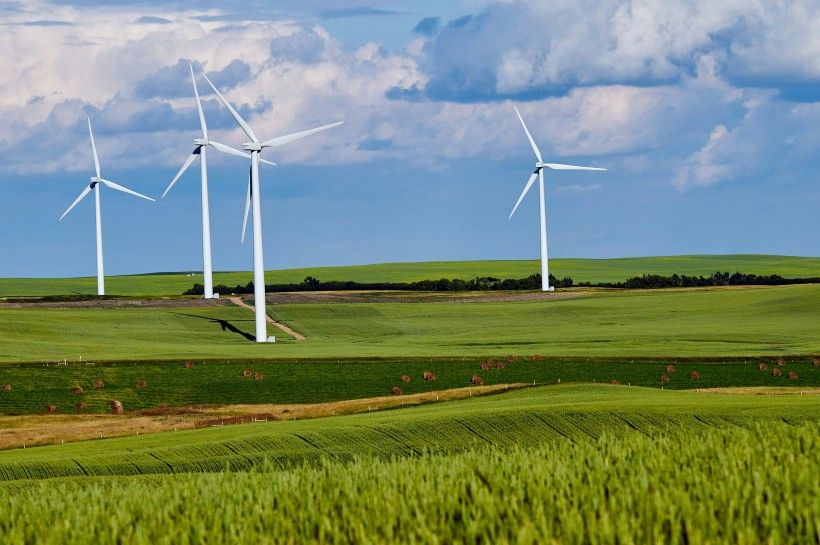 Photo credit: Abby Anaday via Unsplash horizontal image of four wind turbines standing in a green field underneath blue sky