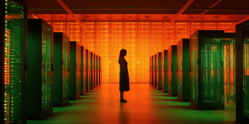 Photo credit: franganillo via Pixabay horizontal image of a woman standing in shadowed profile in a room with a number of computer towers