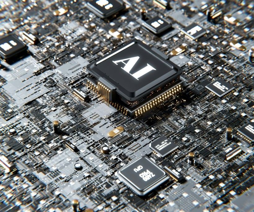 image of a computer board with a large black square with white lettering spelling AI