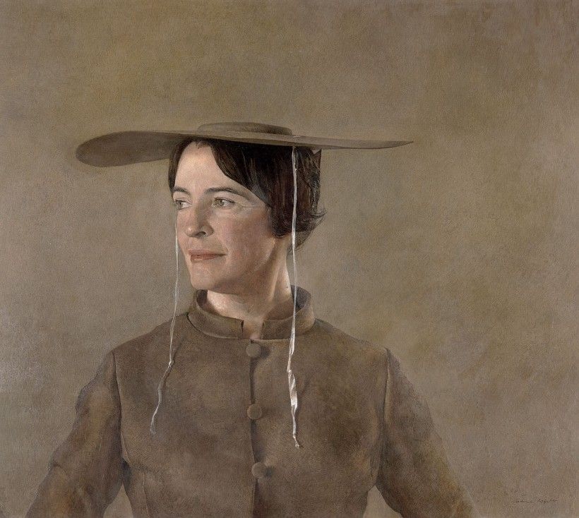 A painting depicting a woman in a stylish hat, showcasing her elegant profile against a soft background.