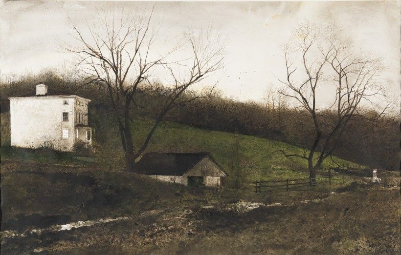 Andrew Wyeth (1917 – 2009), Evening at Kuerners, 1970, drybrush watercolor. Courtesy of Mr. and Mrs. Nicholas Wyeth. © 2025 Wyeth Foundation for American Art/Artists Rights Society (ARS), New York