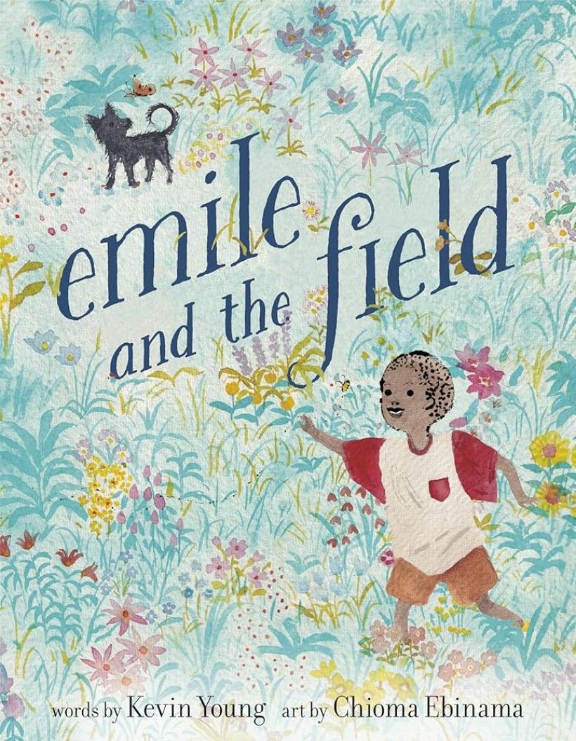 Cover of an illustrated children's book, with a boy in a field of flowers with his dog