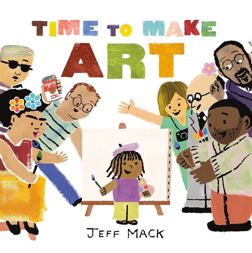 Illustrated, colorful children's book, depicting a child holding painting supplies surrounded by adults