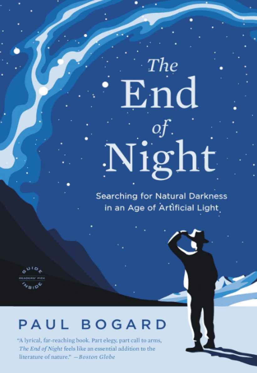 Illustrated book cover of a person standing outside in the dark, looking up at the sky