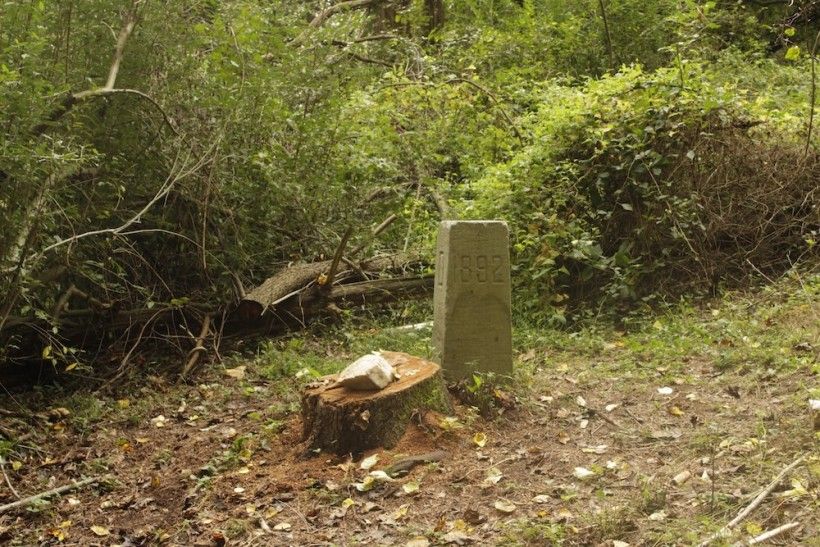 Stone mile marker in the middle of the woods