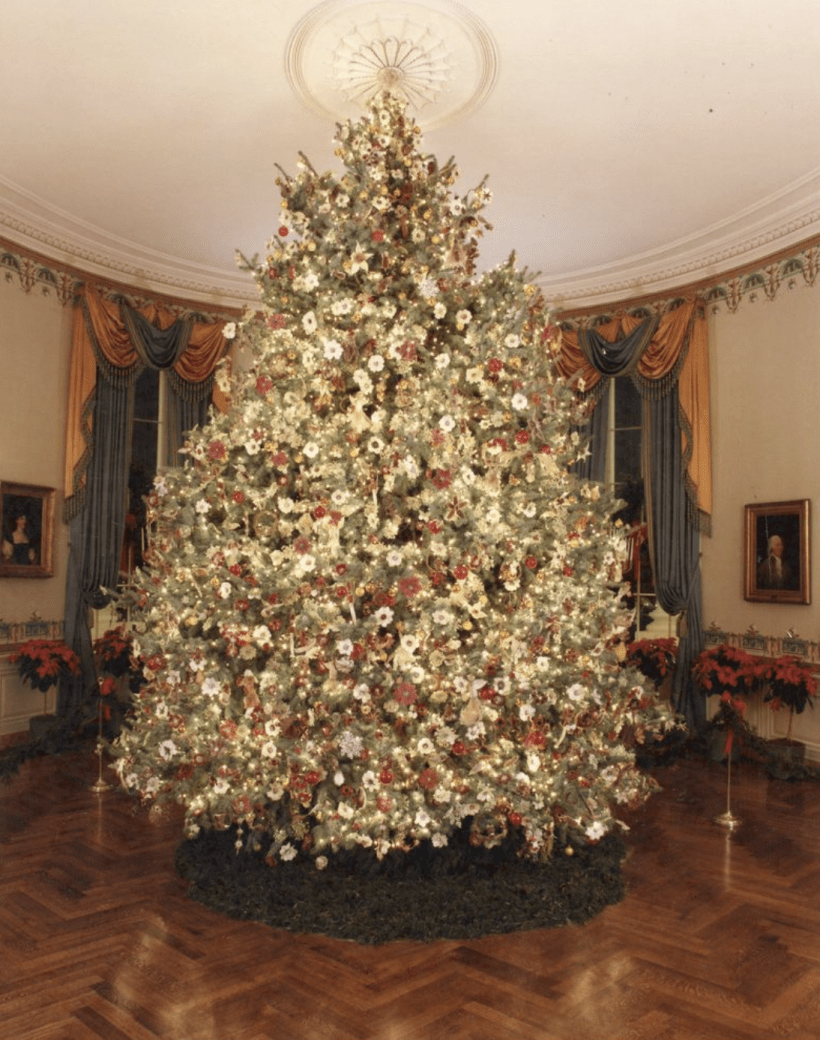 Christmas tree covered in ornaments, in the white house