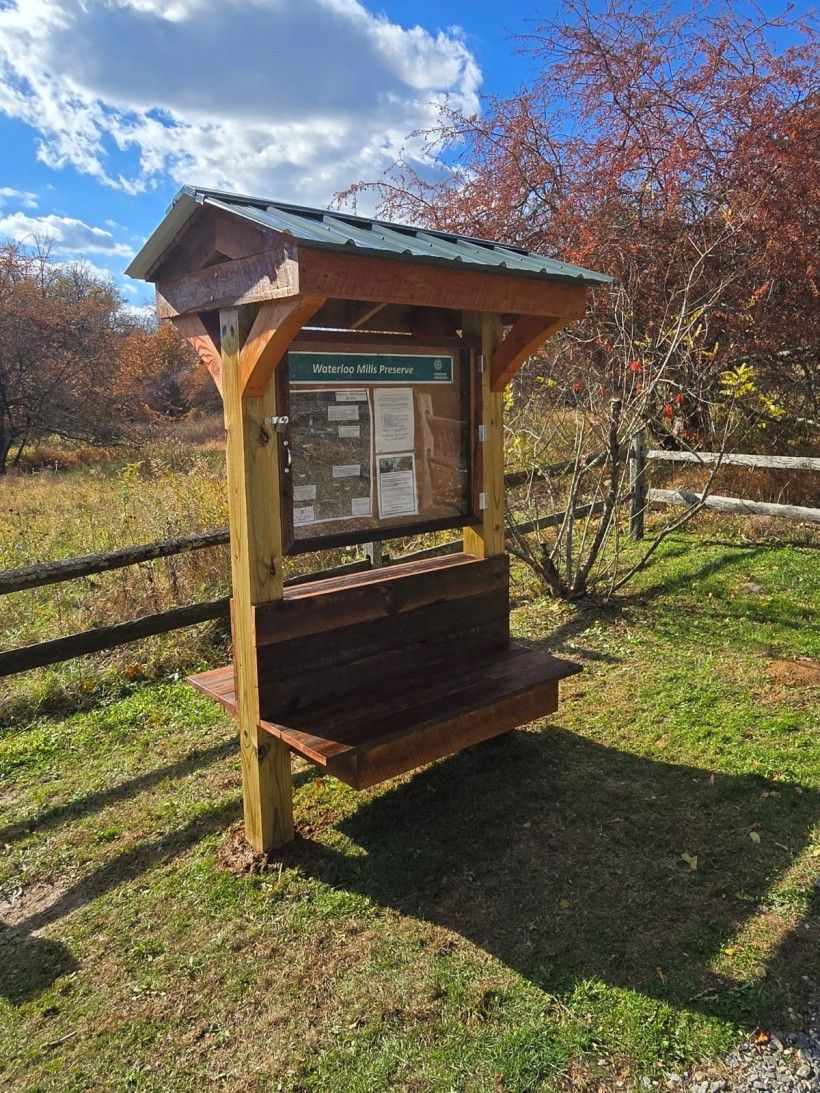 a newly repaired kiosk in Waterloo Mills Preserve