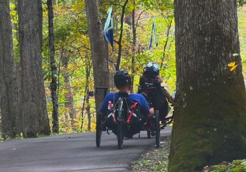 Two people are riding recumbent tricycles along a smooth paved path through a quiet forest filled with tall trees and soft green light. The riders are seen from behind wearing helmets, with colorful safety flags attached to their bikes as they travel together through the wooded trail.