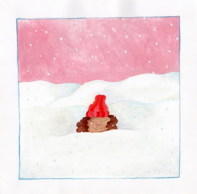 Audrey Helen Weber, Can You Hear the Hushushush of the Falling Snow?, 2025, gouache and acrylic paint on paper, 10 × 10 in. Courtesy of the artist 