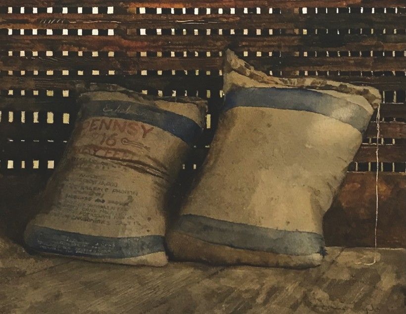 Painting of bags of corn leaning against a lattice wall
