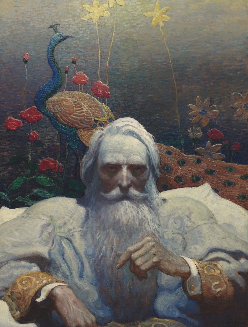 Painting of an elderly man wearing a white gown seated in front of a peacock 