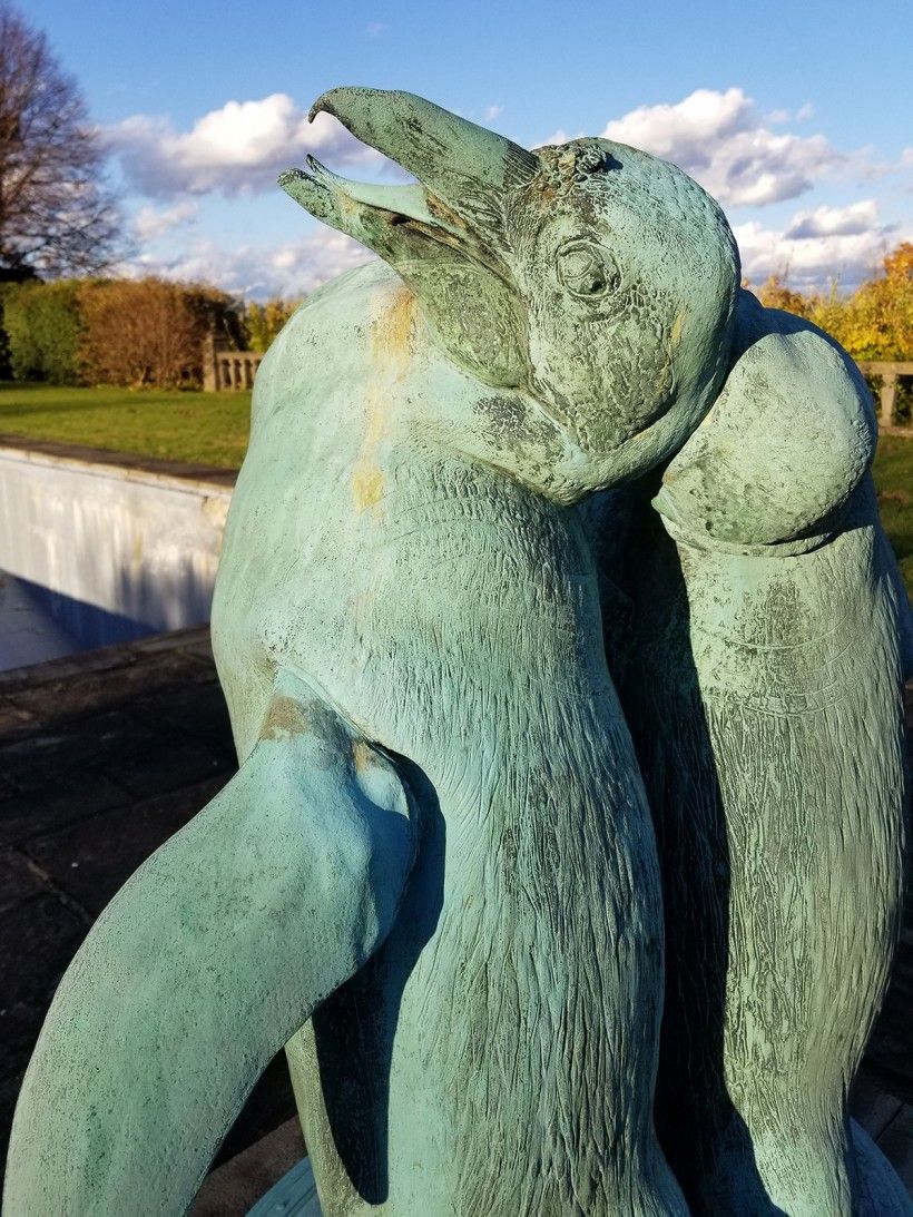 Close-up of the penguin statue at Penguin Court